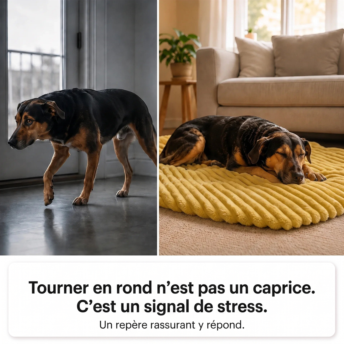 Avant et après : chien qui tourne en rond, puis endormi sur sa Couverture de Réconfort Émotionnel