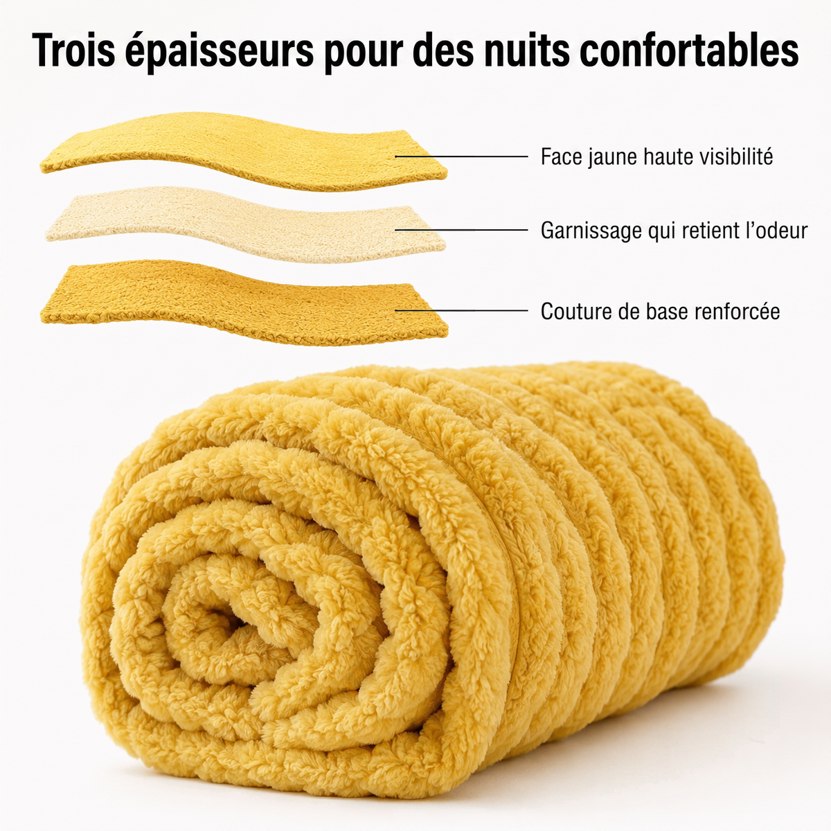 Les trois épaisseurs de la Couverture de Réconfort Émotionnel et la couverture roulée