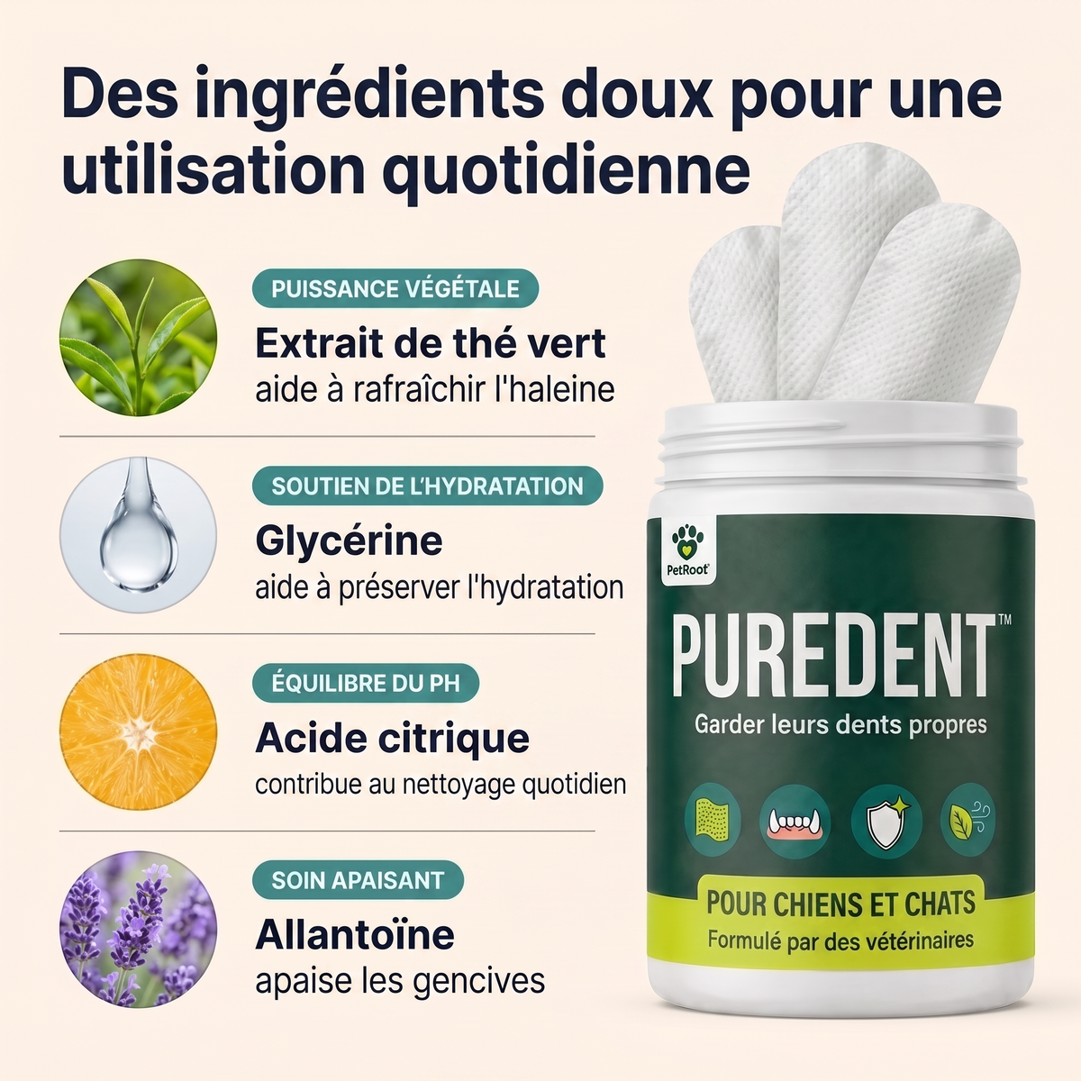 Les ingrédients doux des lingettes dentaires PureDent™
