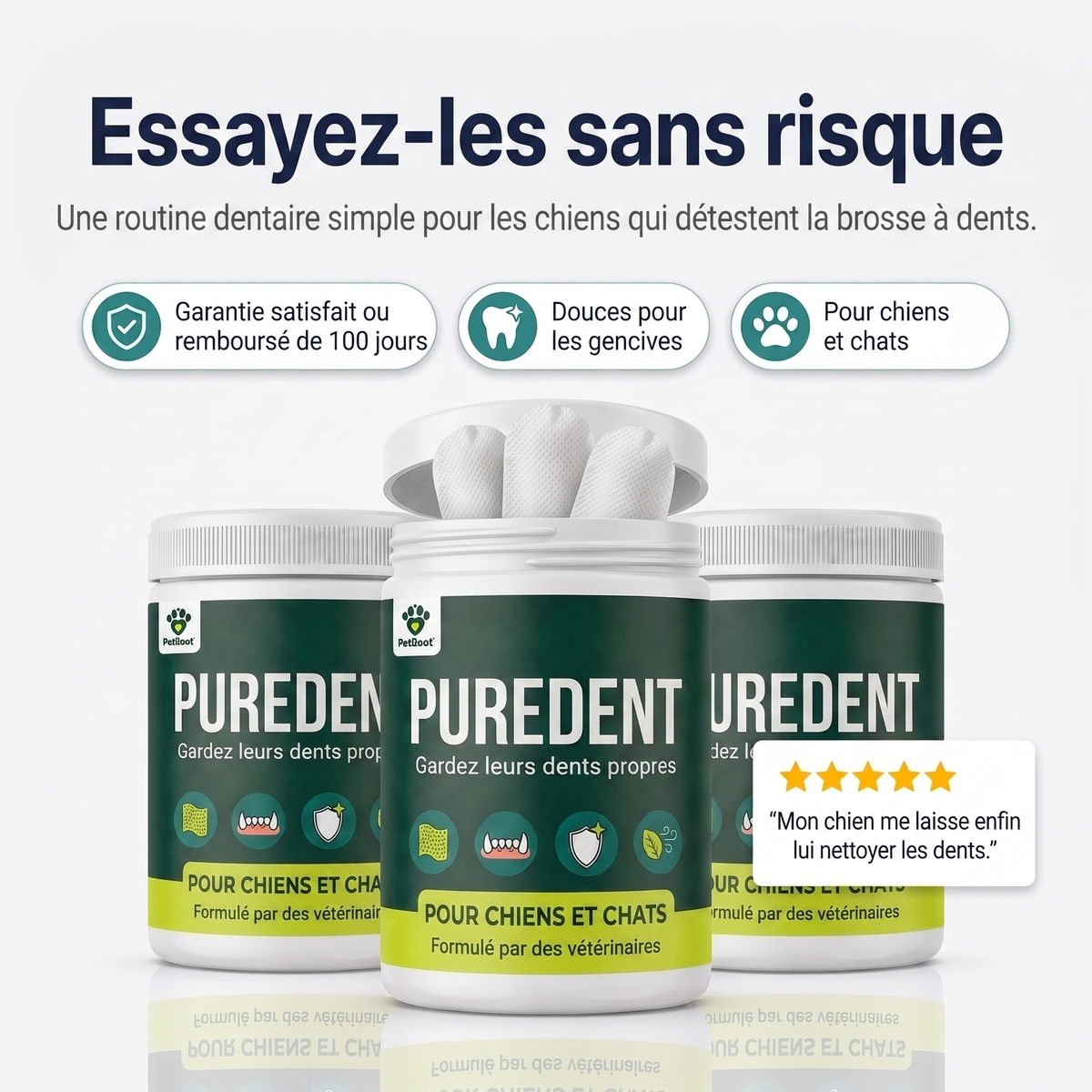 Garantie satisfait ou remboursé de 100 jours sur les lingettes PureDent™