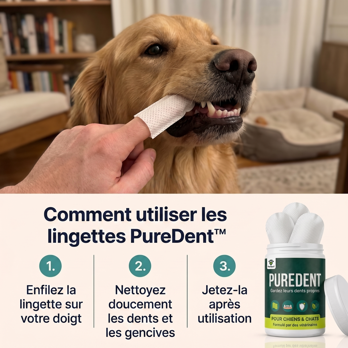 Comment utiliser les lingettes dentaires PureDent™ en trois étapes