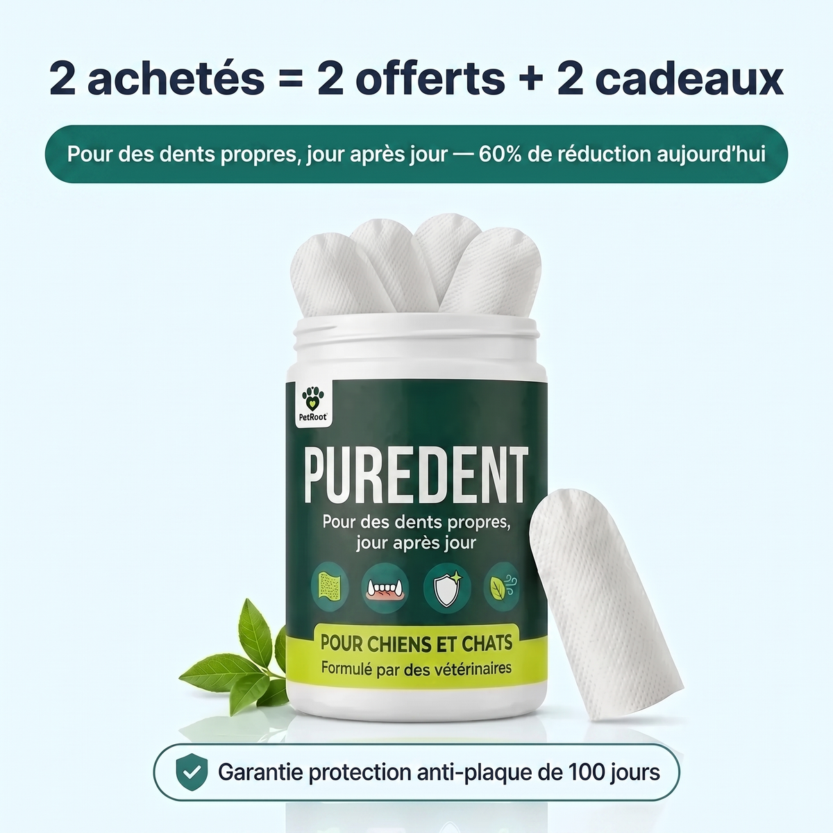 Offre PureDent™ : 2 achetés = 2 offerts + 2 cadeaux, lingettes dentaires pour chiens et chats