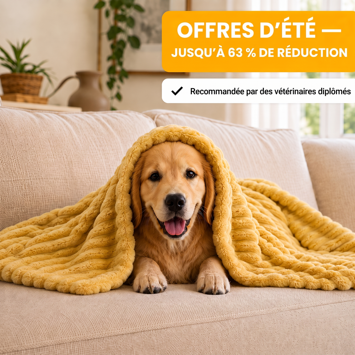 Chien golden retriever sous la Couverture de Réconfort Émotionnel jaune — offres d'été jusqu'à 63 % de réduction