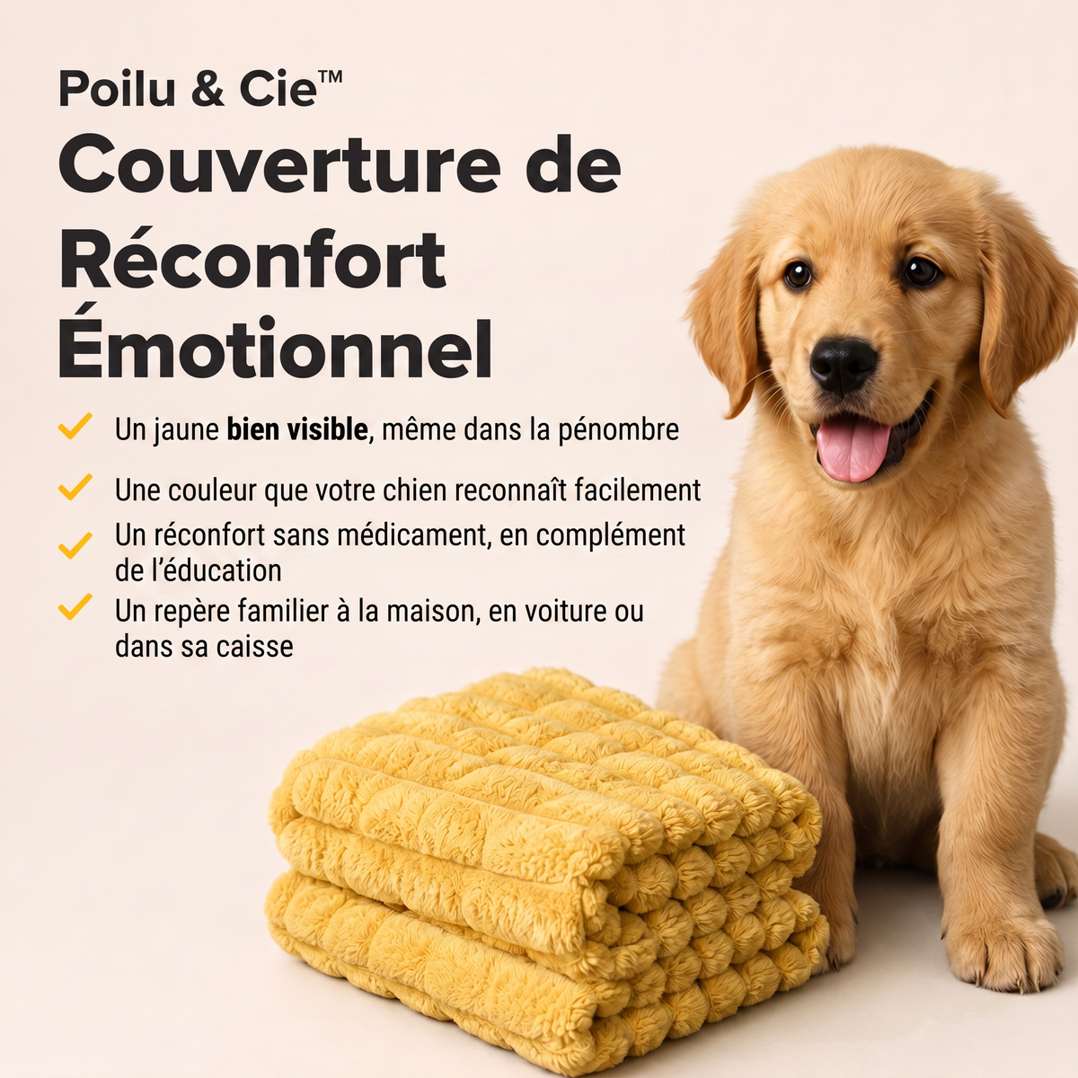 Couverture de Réconfort Émotionnel pliée à côté d'un chiot golden retriever, avec ses quatre bénéfices