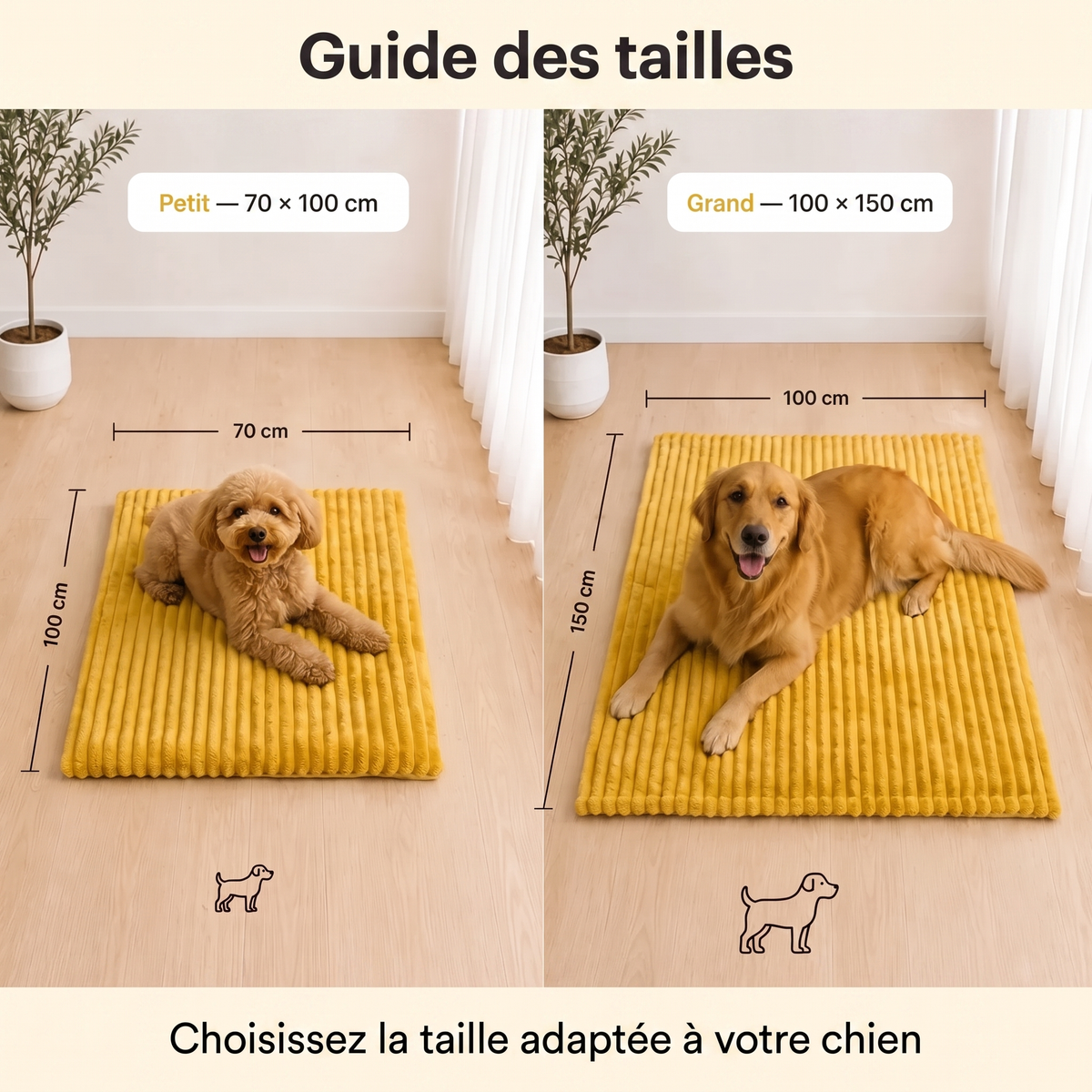 Guide des tailles : Petit 70 × 100 cm et Grand 100 × 150 cm