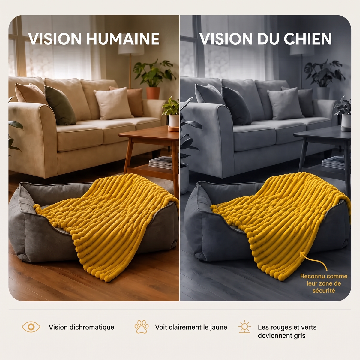 Vision humaine et vision du chien : le jaune crée un repère facile à reconnaître